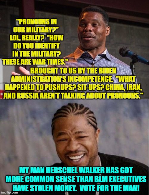 A public service announcement . . . pass it along. | "PRONOUNS IN OUR MILITARY?"  LOL, REALLY?  "HOW DO YOU IDENTIFY IN THE MILITARY? THESE ARE WAR TIMES."; BROUGHT TO US BY THE BIDEN ADMINISTRATION'S INCOMPETENCE.  "WHAT HAPPENED TO PUSHUPS? SIT-UPS? CHINA, IRAN, AND RUSSIA AREN'T TALKING ABOUT PRONOUNS."; MY MAN HERSCHEL WALKER HAS GOT MORE COMMON SENSE THAN BLM EXECUTIVES HAVE STOLEN MONEY.  VOTE FOR THE MAN! | image tagged in herschel walker | made w/ Imgflip meme maker