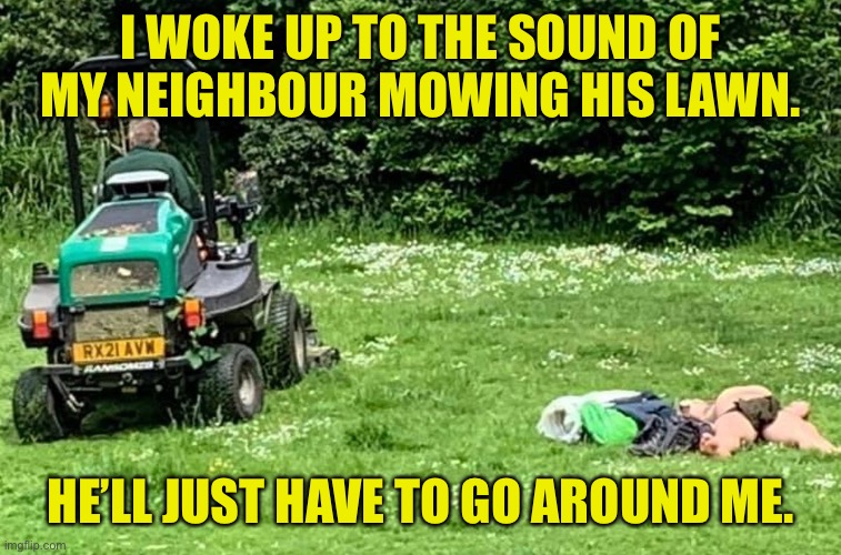 Woke up | I WOKE UP TO THE SOUND OF MY NEIGHBOUR MOWING HIS LAWN. HE’LL JUST HAVE TO GO AROUND ME. | image tagged in grass cutting,woke up,sound of mower,mow round me | made w/ Imgflip meme maker