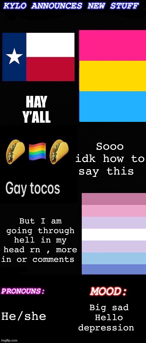 Big sad | Sooo idk how to say this; But I am going through hell in my head rn , more in or comments; Big sad Hello depression; He/she | image tagged in kylos new new new temp pan/bigender | made w/ Imgflip meme maker