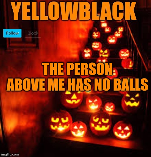 Temporary yellowblack Halloween announcement template | THE PERSON ABOVE ME HAS NO BALLS | image tagged in temporary yellowblack halloween announcement template | made w/ Imgflip meme maker