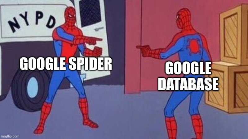 spiderman pointing at spiderman | GOOGLE SPIDER GOOGLE DATABASE | image tagged in spiderman pointing at spiderman | made w/ Imgflip meme maker