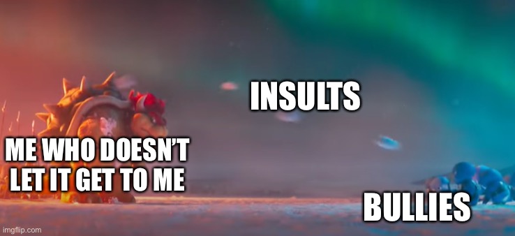 Bullying these days | INSULTS; ME WHO DOESN’T LET IT GET TO ME; BULLIES | image tagged in bowser gettting hit by snowballs | made w/ Imgflip meme maker