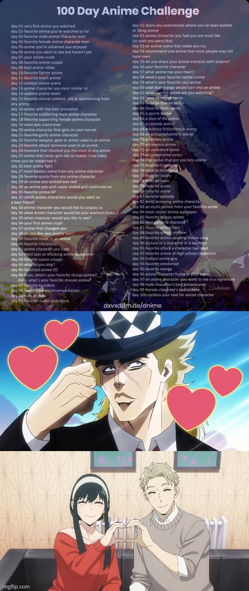 Day 7 and 8: Day 7: Robert E. O. Speedwagon (JoJo's Bizarre Adventure), Loid and Yor Forger (Spy X Family). | image tagged in 100 day anime challenge | made w/ Imgflip meme maker