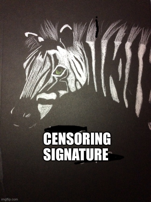 Drawing on black paper | CENSORING SIGNATURE | image tagged in zebra,art | made w/ Imgflip meme maker