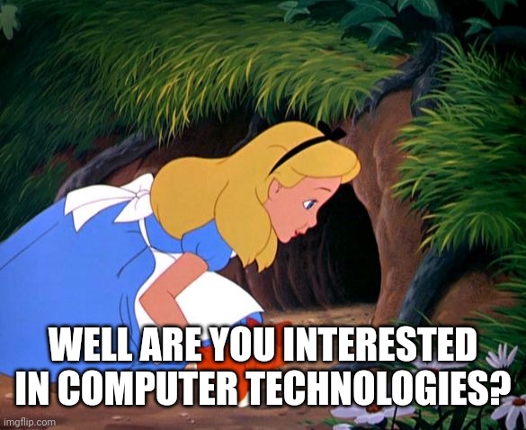 Alice Looking Down the Rabbit Hole | WELL ARE YOU INTERESTED IN COMPUTER TECHNOLOGIES? | image tagged in alice looking down the rabbit hole | made w/ Imgflip meme maker