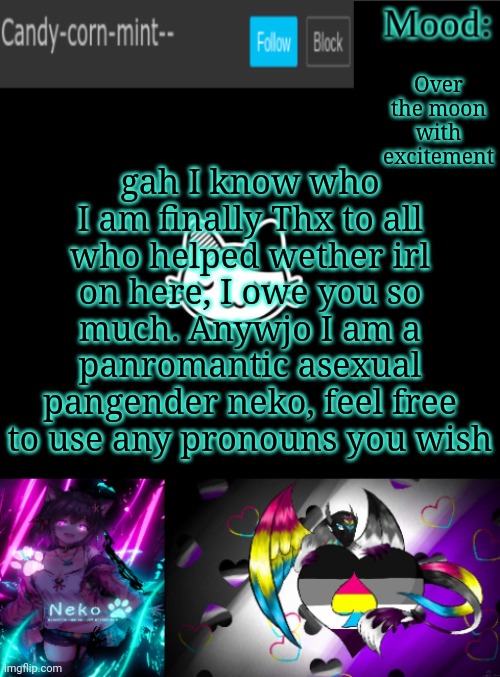 Candy-corn_mint--'s temp | Over the moon with excitement; gah I know who I am finally Thx to all who helped wether irl on here, I owe you so much. Anywjo I am a panromantic asexual pangender neko, feel free to use any pronouns you wish | image tagged in candy-corn_mint--'s temp | made w/ Imgflip meme maker