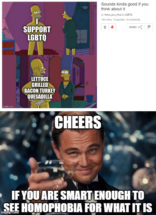 Meme_Bro_4432 is a homophobe and LGBTQ stream is a JOKE | CHEERS; IF YOU ARE SMART ENOUGH TO SEE HOMOPHOBIA FOR WHAT IT IS | image tagged in memes,leonardo dicaprio cheers | made w/ Imgflip meme maker