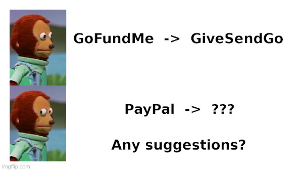 Any Suggestions? | image tagged in delete,paypal,now,big tech,misinformation,censorship | made w/ Imgflip meme maker