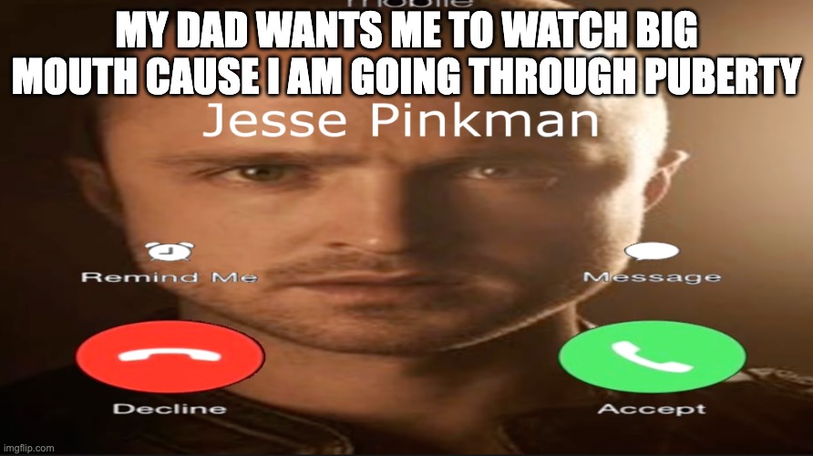 Incoming call | MY DAD WANTS ME TO WATCH BIG MOUTH CAUSE I AM GOING THROUGH PUBERTY | image tagged in incoming call | made w/ Imgflip meme maker