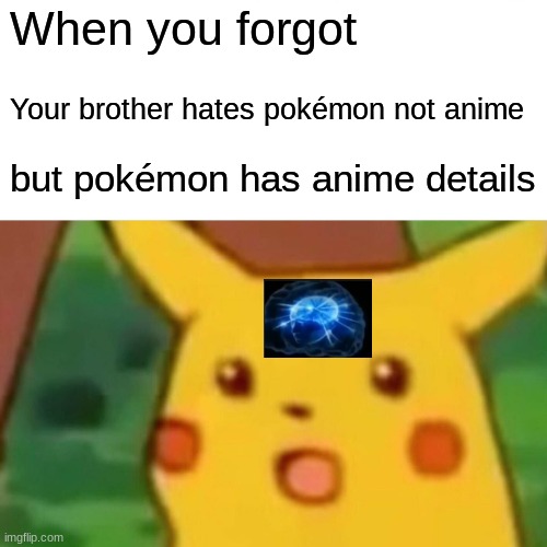 smart boi | When you forgot; Your brother hates pokémon not anime; but pokémon has anime details | image tagged in memes,surprised pikachu | made w/ Imgflip meme maker