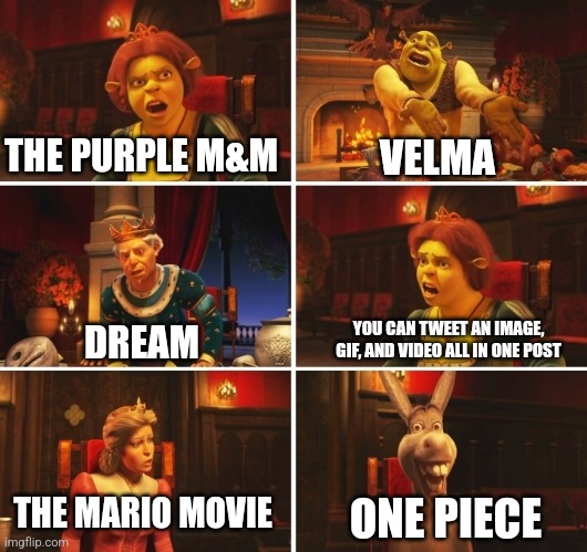 THE PURPLE M&M; VELMA; YOU CAN TWEET AN IMAGE, GIF, AND VIDEO ALL IN ONE POST; DREAM; THE MARIO MOVIE; ONE PIECE | image tagged in funny,october,scooby doo,mario,one piece,dream smp | made w/ Imgflip meme maker