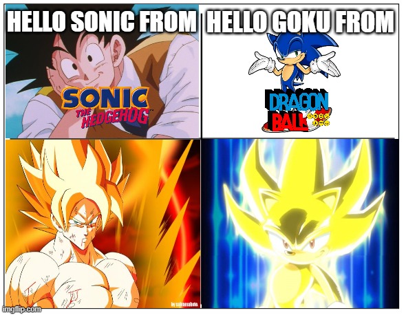 Proof Sonic was inspired by Dragon Ball | HELLO SONIC FROM; HELLO GOKU FROM | image tagged in 4 square grid,dragon ball,sonic the hedgehog,goku,sonic,super | made w/ Imgflip meme maker