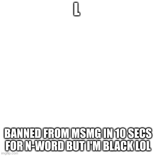 Big L | L; BANNED FROM MSMG IN 10 SECS FOR N-WORD BUT I'M BLACK LOL | image tagged in memes,blank transparent square | made w/ Imgflip meme maker