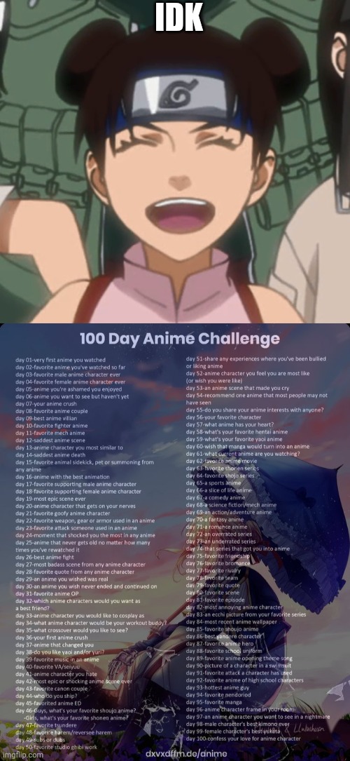 Day 4 | IDK | image tagged in 100 day anime challenge | made w/ Imgflip meme maker