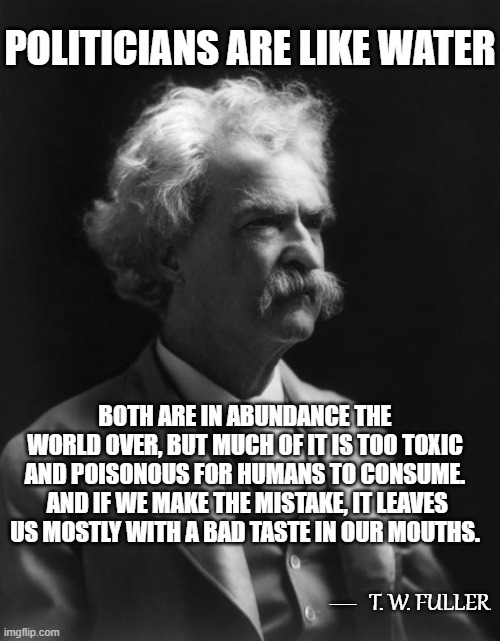 Not A Mark Twain Quote, But Could Be...10 | POLITICIANS ARE LIKE WATER; BOTH ARE IN ABUNDANCE THE WORLD OVER, BUT MUCH OF IT IS TOO TOXIC AND POISONOUS FOR HUMANS TO CONSUME.  AND IF WE MAKE THE MISTAKE, IT LEAVES US MOSTLY WITH A BAD TASTE IN OUR MOUTHS. T. W. FULLER; __ | image tagged in mark twain thought,quotes,quotable quotes,humor,politics,politicians | made w/ Imgflip meme maker