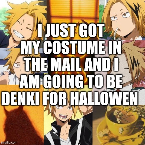 my costume(Mod Note: PLEASE SHOW) | I JUST GOT MY COSTUME IN THE MAIL AND I AM GOING TO BE DENKI FOR HALLOWEN | image tagged in anime,halloween,mha,costume,cosplay | made w/ Imgflip meme maker