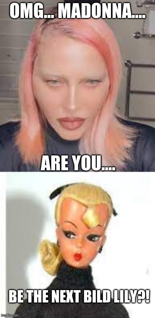 Madonna's new face | OMG... MADONNA.... ARE YOU.... BE THE NEXT BILD LILY?! | image tagged in madonna,bild lily,classic barbie | made w/ Imgflip meme maker