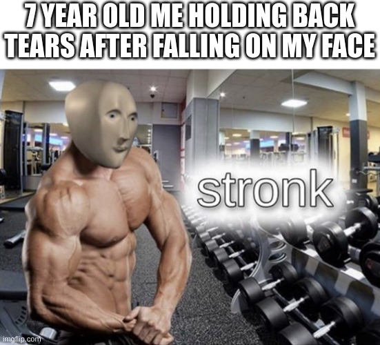 Meme man stronk | 7 YEAR OLD ME HOLDING BACK TEARS AFTER FALLING ON MY FACE | image tagged in meme man stronk | made w/ Imgflip meme maker
