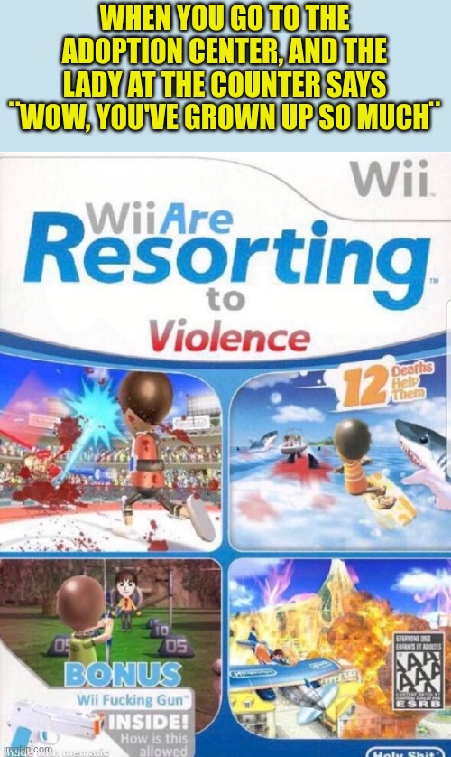 *laughs in hellish voice* | WHEN YOU GO TO THE ADOPTION CENTER, AND THE LADY AT THE COUNTER SAYS
¨WOW, YOU'VE GROWN UP SO MUCH¨ | image tagged in wii are resorting to violence better quality,dark humor,orphan | made w/ Imgflip meme maker