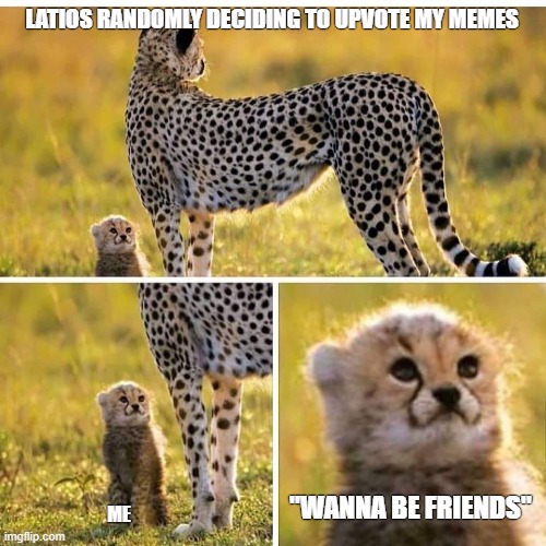 Cheetah Mom with Scared Cub | LATIOS RANDOMLY DECIDING TO UPVOTE MY MEMES; "WANNA BE FRIENDS"; ME | image tagged in cheetah mom with scared cub | made w/ Imgflip meme maker