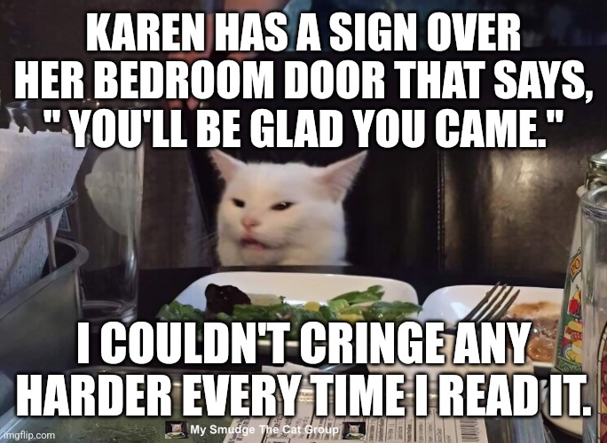 KAREN HAS A SIGN OVER HER BEDROOM DOOR THAT SAYS, " YOU'LL BE GLAD YOU CAME."; I COULDN'T CRINGE ANY HARDER EVERY TIME I READ IT. | image tagged in smudge the cat | made w/ Imgflip meme maker