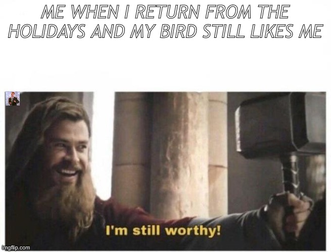 HAHA IM STILL WORTHY! :D | ME WHEN I RETURN FROM THE HOLIDAYS AND MY BIRD STILL LIKES ME | image tagged in i'm still worthy | made w/ Imgflip meme maker