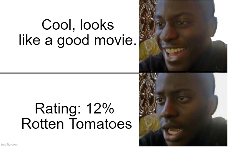 Rotten Tomatoes | Cool, looks like a good movie. Rating: 12% 
Rotten Tomatoes | image tagged in disappointed black guy,rotten tomatoes | made w/ Imgflip meme maker