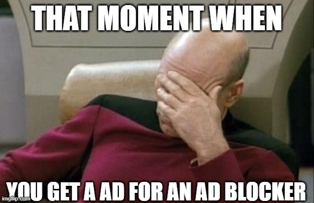 Its SO hypocritical! | THAT MOMENT WHEN; YOU GET A AD FOR AN AD BLOCKER | image tagged in memes,captain picard facepalm | made w/ Imgflip meme maker