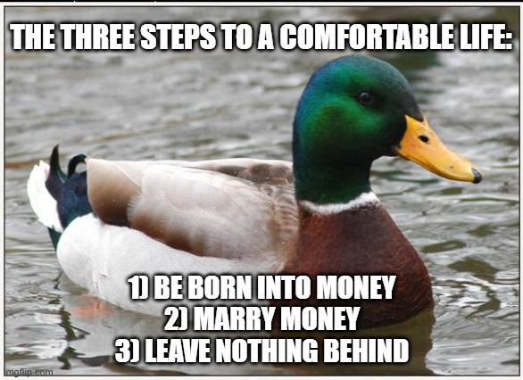 Best life hack! | THE THREE STEPS TO A COMFORTABLE LIFE:; 1) BE BORN INTO MONEY
2) MARRY MONEY
3) LEAVE NOTHING BEHIND | image tagged in memes,actual advice mallard | made w/ Imgflip meme maker