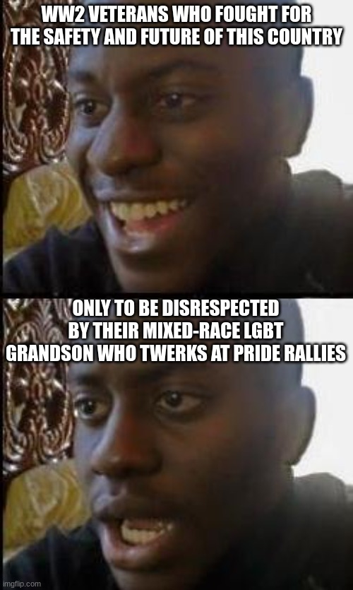 Disappointed Black Guy | WW2 VETERANS WHO FOUGHT FOR THE SAFETY AND FUTURE OF THIS COUNTRY; ONLY TO BE DISRESPECTED BY THEIR MIXED-RACE LGBT GRANDSON WHO TWERKS AT PRIDE RALLIES | image tagged in disappointed black guy | made w/ Imgflip meme maker