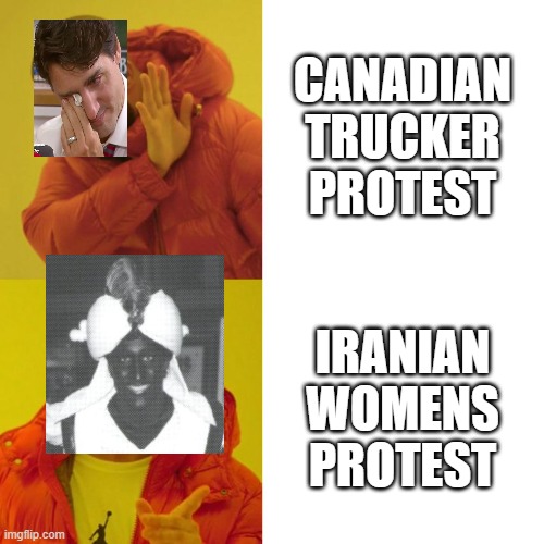 Drake Blank | CANADIAN TRUCKER PROTEST; IRANIAN WOMENS PROTEST | image tagged in drake blank | made w/ Imgflip meme maker