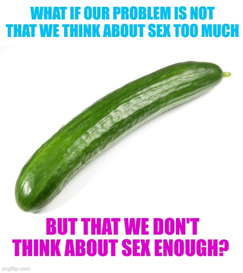 Let's talk: What is the actual purpose of sex? | WHAT IF OUR PROBLEM IS NOT THAT WE THINK ABOUT SEX TOO MUCH; BUT THAT WE DON'T THINK ABOUT SEX ENOUGH? | image tagged in cucumber | made w/ Imgflip meme maker