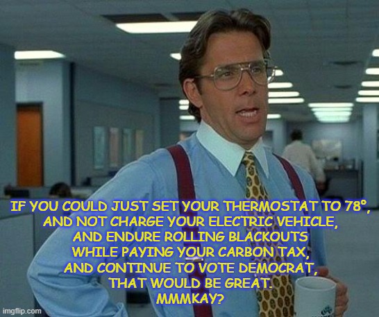 That Would Be Great Meme | IF YOU COULD JUST SET YOUR THERMOSTAT TO 78°,
AND NOT CHARGE YOUR ELECTRIC VEHICLE,
AND ENDURE ROLLING BLACKOUTS
WHILE PAYING YOUR CARBON TAX,
AND CONTINUE TO VOTE DEMOCRAT,
THAT WOULD BE GREAT.
MMMKAY? | image tagged in memes,that would be great,carbon tax,green new deal,democrats | made w/ Imgflip meme maker