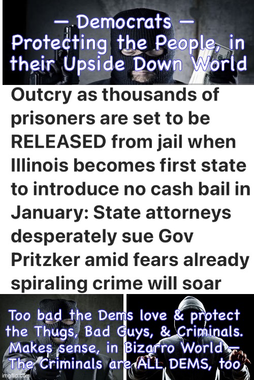 Law-abiding Citizens are the Problem | — Democrats — 
Protecting the People, in
their Upside Down World; Too bad the Dems love & protect
the Thugs, Bad Guys, & Criminals.
Makes sense, in Bizarro World —
The Criminals are ALL DEMS, too | image tagged in memes,no morals no values no dignity no respect,dems say anything do anything,fvck leftists progressives n fjb voters,no control | made w/ Imgflip meme maker