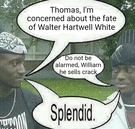 . | Thomas, I'm concerned about the fate of Walter Hartwell White; Do not be alarmed, William he sells crack | image tagged in we sell crack splendid | made w/ Imgflip meme maker