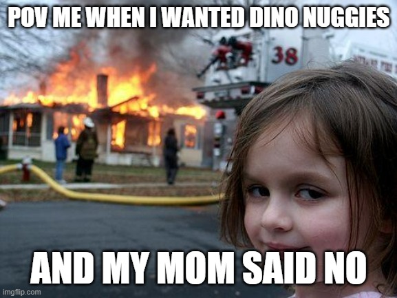 i wanted dino nuggies | POV ME WHEN I WANTED DINO NUGGIES; AND MY MOM SAID NO | image tagged in memes,disaster girl | made w/ Imgflip meme maker