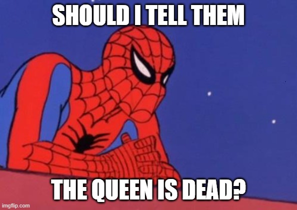 Should I jump or not | SHOULD I TELL THEM THE QUEEN IS DEAD? | image tagged in should i jump or not | made w/ Imgflip meme maker
