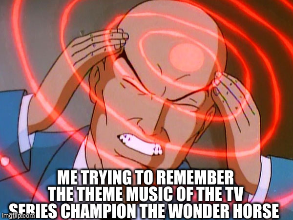 Champion The Wonder Horse | ME TRYING TO REMEMBER THE THEME MUSIC OF THE TV SERIES CHAMPION THE WONDER HORSE | image tagged in professor x | made w/ Imgflip meme maker