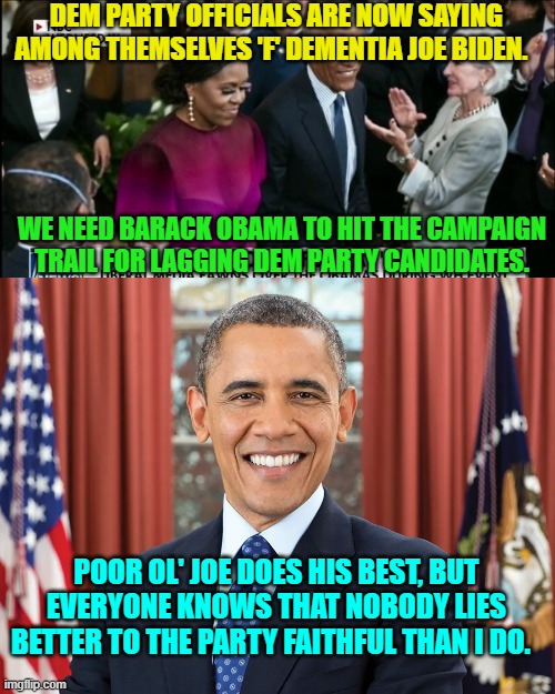 Truth is truth. | DEM PARTY OFFICIALS ARE NOW SAYING AMONG THEMSELVES 'F' DEMENTIA JOE BIDEN. WE NEED BARACK OBAMA TO HIT THE CAMPAIGN TRAIL FOR LAGGING DEM PARTY CANDIDATES. POOR OL' JOE DOES HIS BEST, BUT EVERYONE KNOWS THAT NOBODY LIES BETTER TO THE PARTY FAITHFUL THAN I DO. | image tagged in reality | made w/ Imgflip meme maker