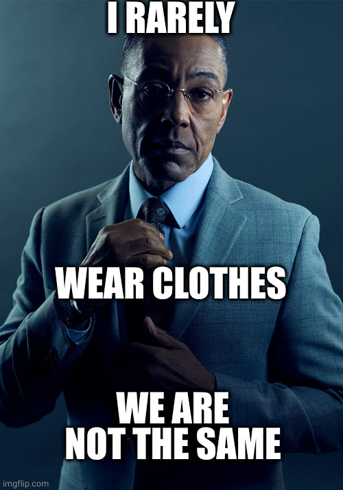 Gus Fring we are not the same | I RARELY WEAR CLOTHES WE ARE NOT THE SAME | image tagged in gus fring we are not the same | made w/ Imgflip meme maker