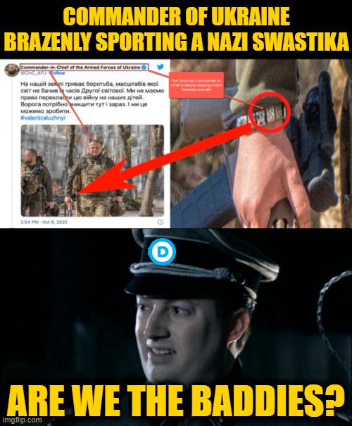 Dumbing-Down the Term Nazi until it's Lost All Meaning: Congratulations | COMMANDER OF UKRAINE BRAZENLY SPORTING A NAZI SWASTIKA; ARE WE THE BADDIES? | image tagged in ukraine nazi bracelet,are we the baddies | made w/ Imgflip meme maker