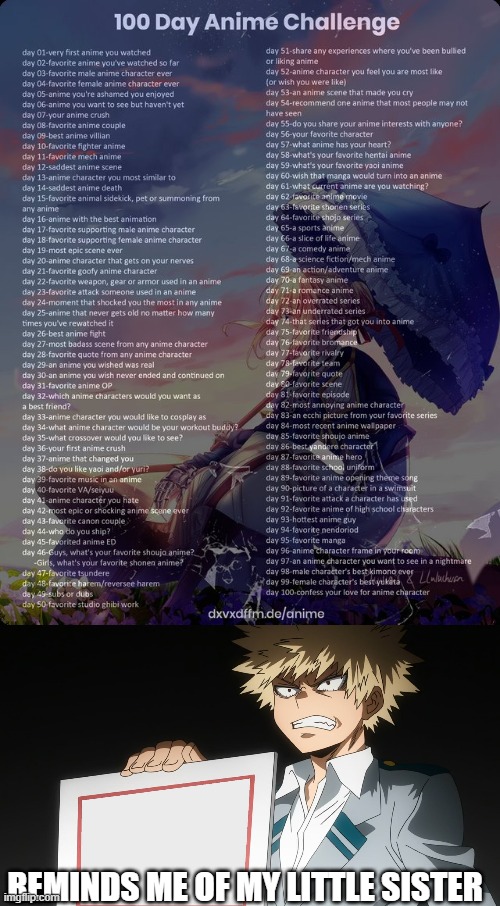 Day 3: Bakugo | REMINDS ME OF MY LITTLE SISTER | image tagged in 100 day anime challenge,bakugo | made w/ Imgflip meme maker