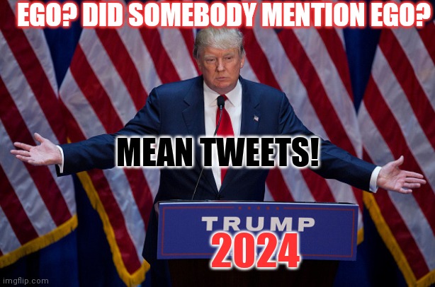 Donald Trump | EGO? DID SOMEBODY MENTION EGO? MEAN TWEETS! 2024 | image tagged in donald trump | made w/ Imgflip meme maker