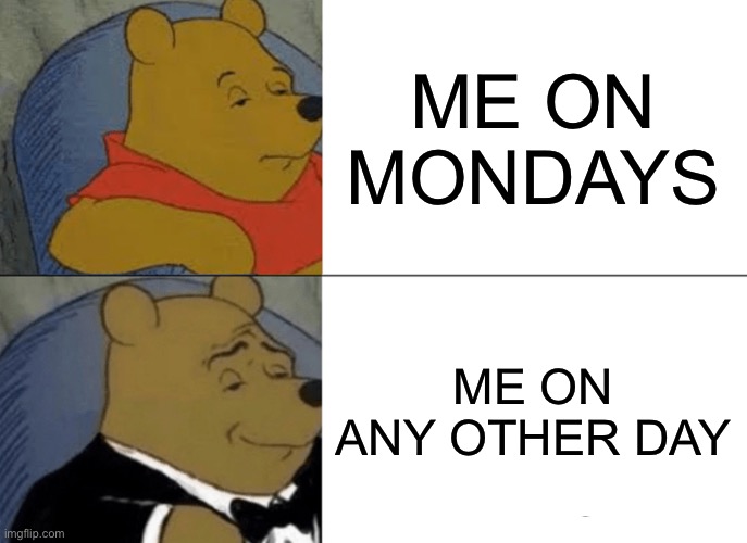 Tuxedo Winnie The Pooh | ME ON MONDAYS; ME ON ANY OTHER DAY | image tagged in memes,tuxedo winnie the pooh | made w/ Imgflip meme maker