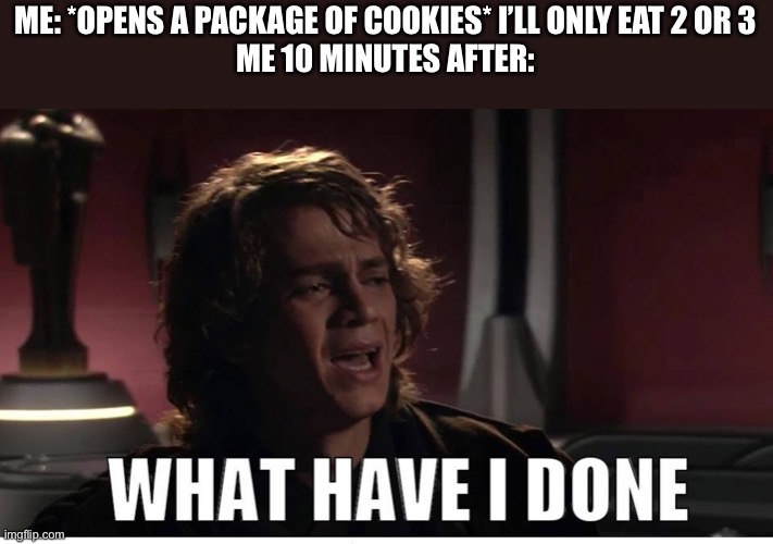 Anakin what have i done | ME: *OPENS A PACKAGE OF COOKIES* I’LL ONLY EAT 2 OR 3
ME 10 MINUTES AFTER: | image tagged in anakin what have i done | made w/ Imgflip meme maker