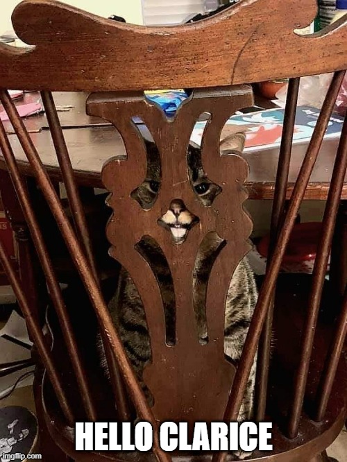 Silence of the mice | HELLO CLARICE | image tagged in silence of the lambs,cat,chair | made w/ Imgflip meme maker
