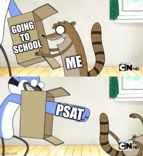 Mordecai Punches Rigby Through a Box | GOING TO SCHOOL; ME; PSAT | image tagged in mordecai punches rigby through a box | made w/ Imgflip meme maker