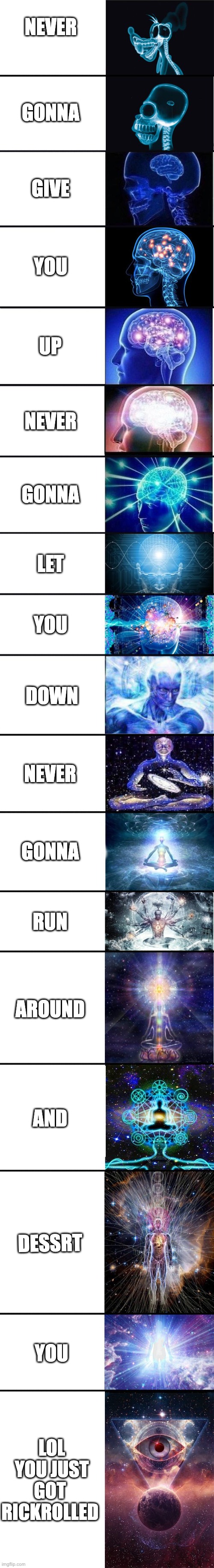 expanding brain: 9001 | NEVER; GONNA; GIVE; YOU; UP; NEVER; GONNA; LET; YOU; DOWN; NEVER; GONNA; RUN; AROUND; AND; DESSRT; YOU; LOL YOU JUST GOT  RICKROLLED | image tagged in expanding brain 9001 | made w/ Imgflip meme maker