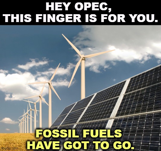 MBS is just as crazy as Trump, but he's competent. | HEY OPEC, 
THIS FINGER IS FOR YOU. FOSSIL FUELS 
HAVE GOT TO GO. | image tagged in solar and wind power - the future of fossil fuels big oil,big oil,saudi arabia,gas prices | made w/ Imgflip meme maker