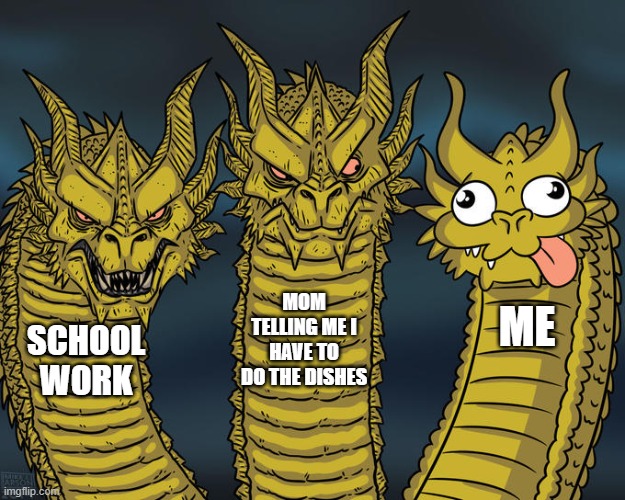 Three-headed Dragon | MOM TELLING ME I HAVE TO DO THE DISHES; ME; SCHOOL WORK | image tagged in three-headed dragon | made w/ Imgflip meme maker